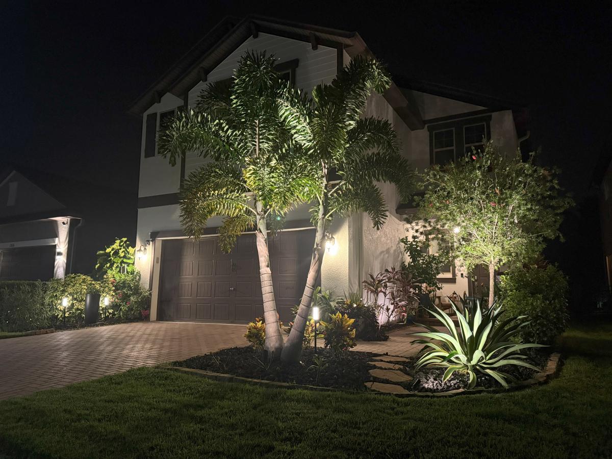Palm Tree and Landscape Uplighting on Two-Story Home – Lutz, FL