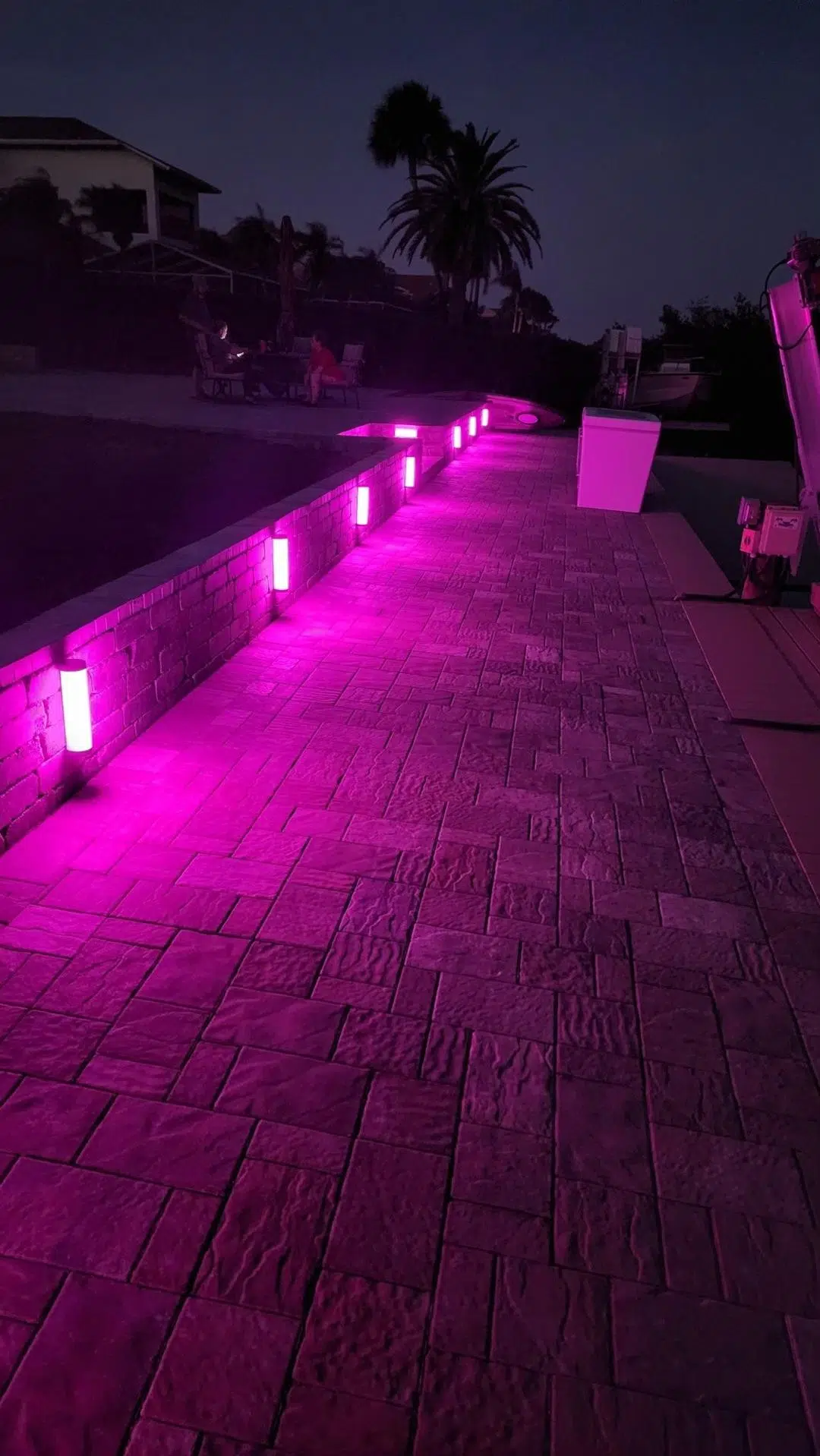 Vibrant pink LED lights lining a poolside walkway in Spring Hill at night.
