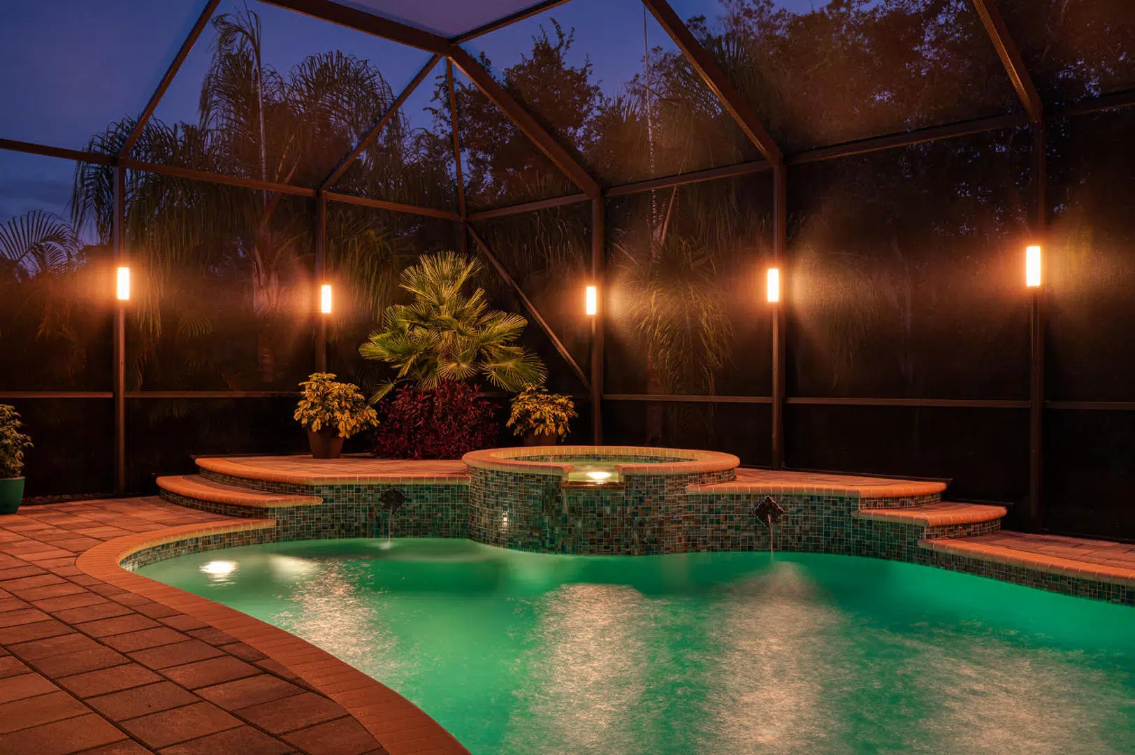 Warm ambient lighting over a screened pool area with landscaping in Palm Harbor.