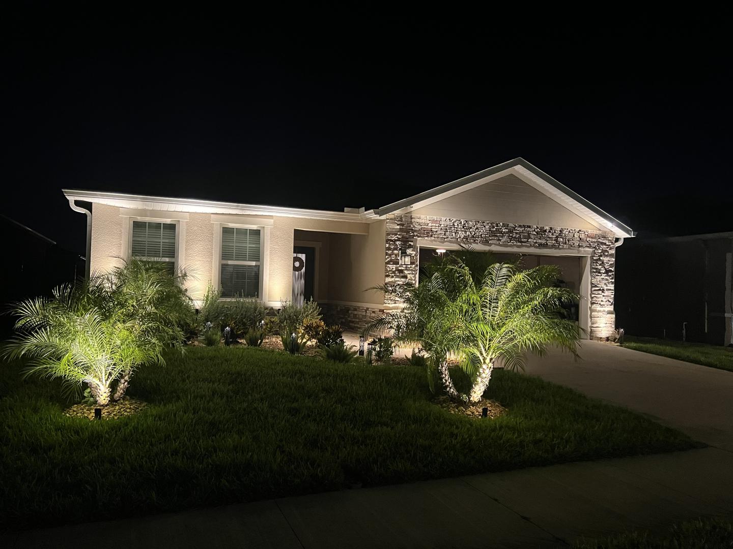 Low-voltage lighting highlighting plants and the front porch of a cozy Spring Hill home.
