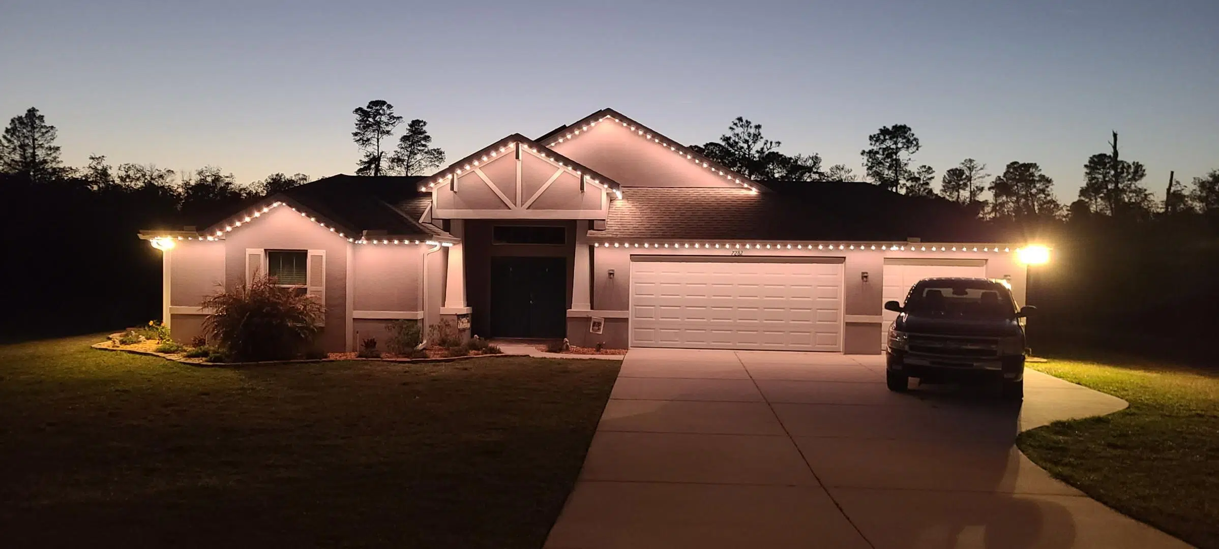 Clean LED lighting along a driveway and front walkway of a Palm Harbor home.