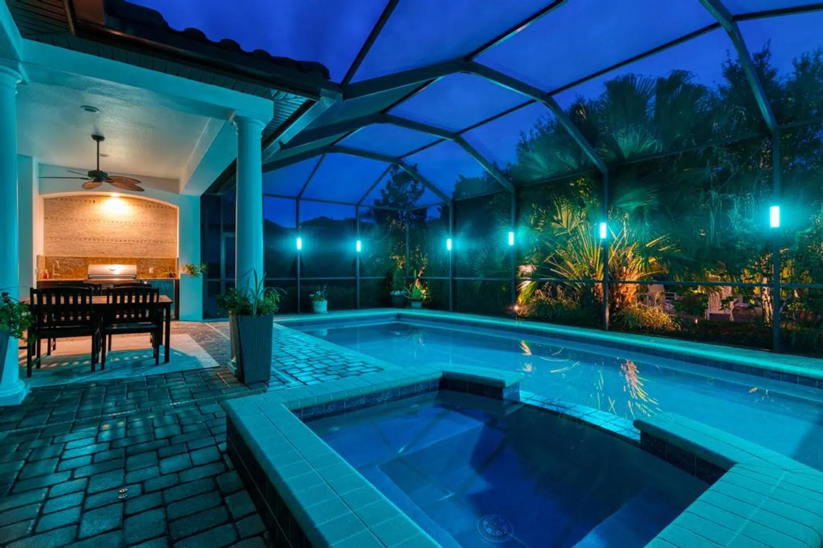 Pool Cage with Blue Accent Lighting
