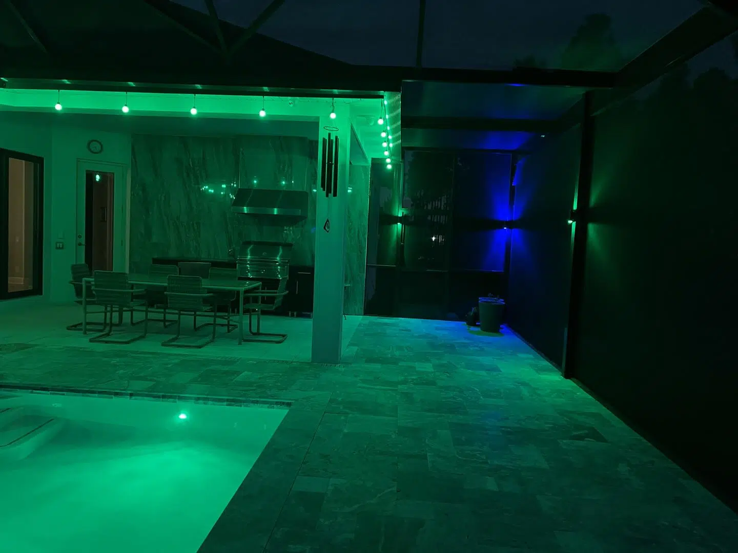 Pool Cage with Green LED Lighting