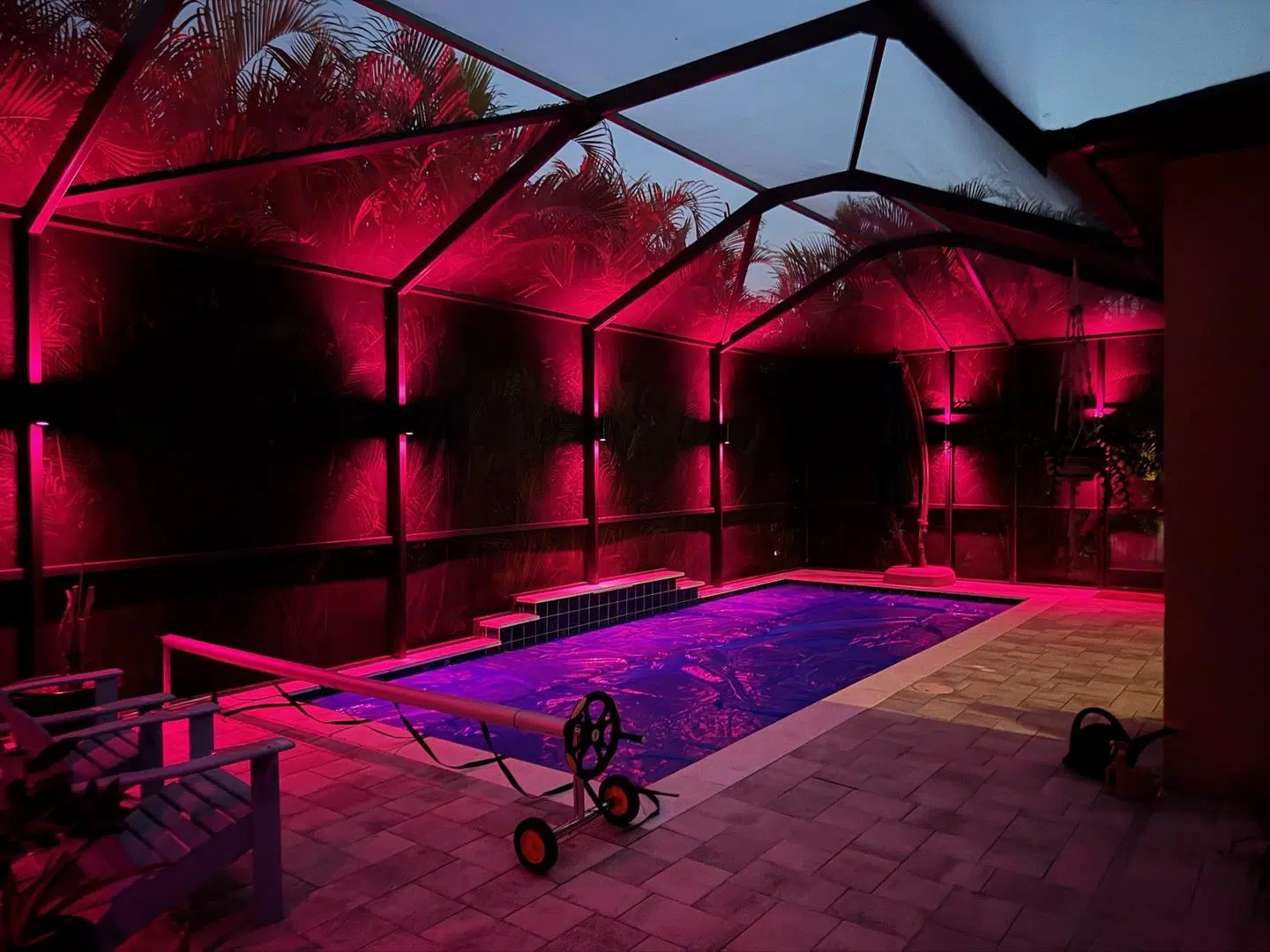 Red Pool Cage Accent Lighting